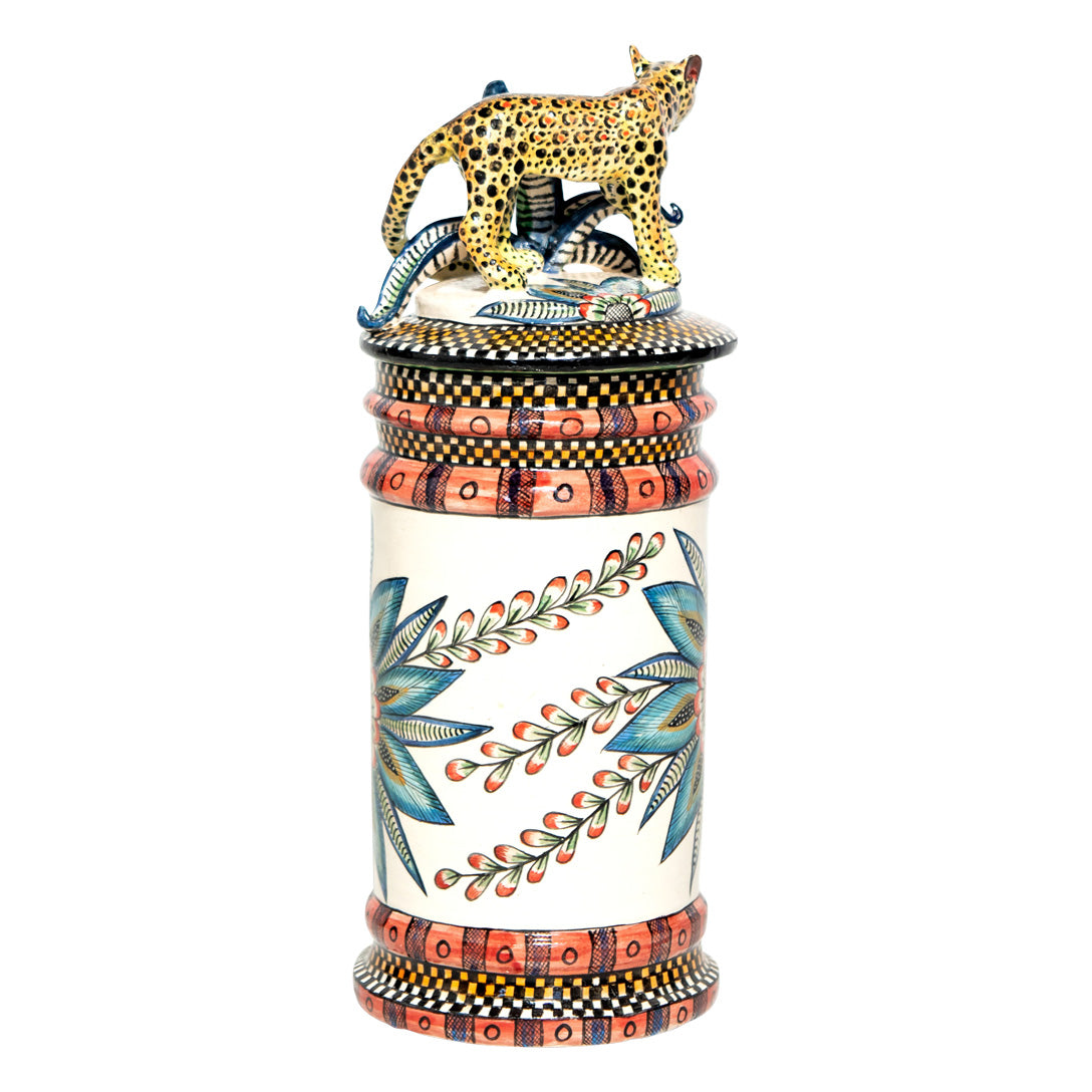 Leopard on blue flower biscuit cookie jar