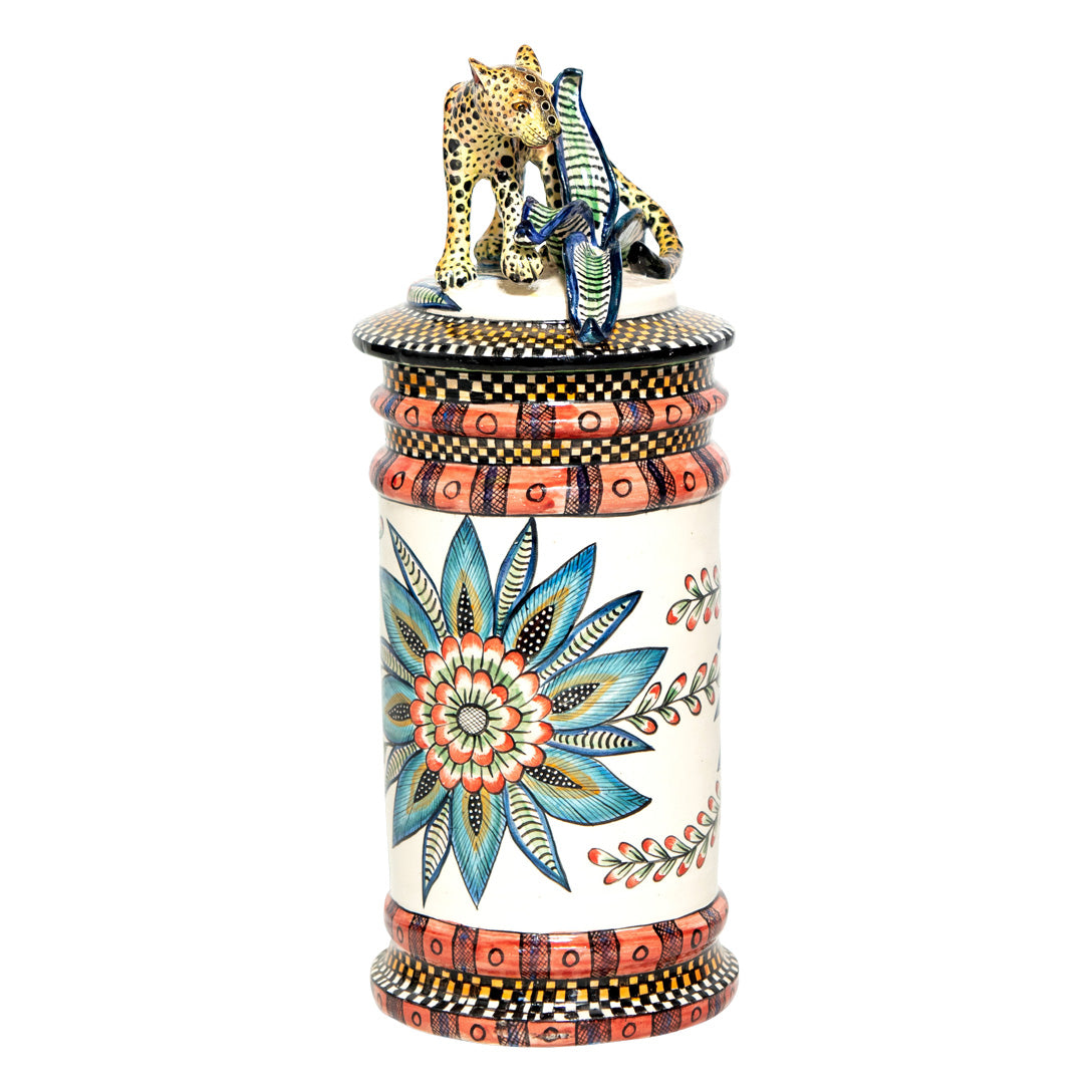 Leopard on blue flower biscuit cookie jar